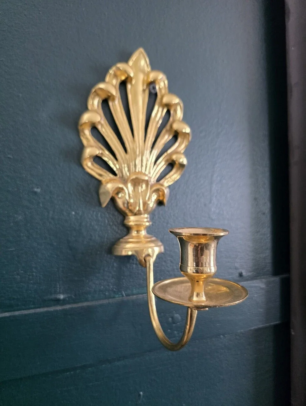 Set Of 2 Brass Gold Taper Candle Wall Sconce Holder Vtg Peacock 9' Small